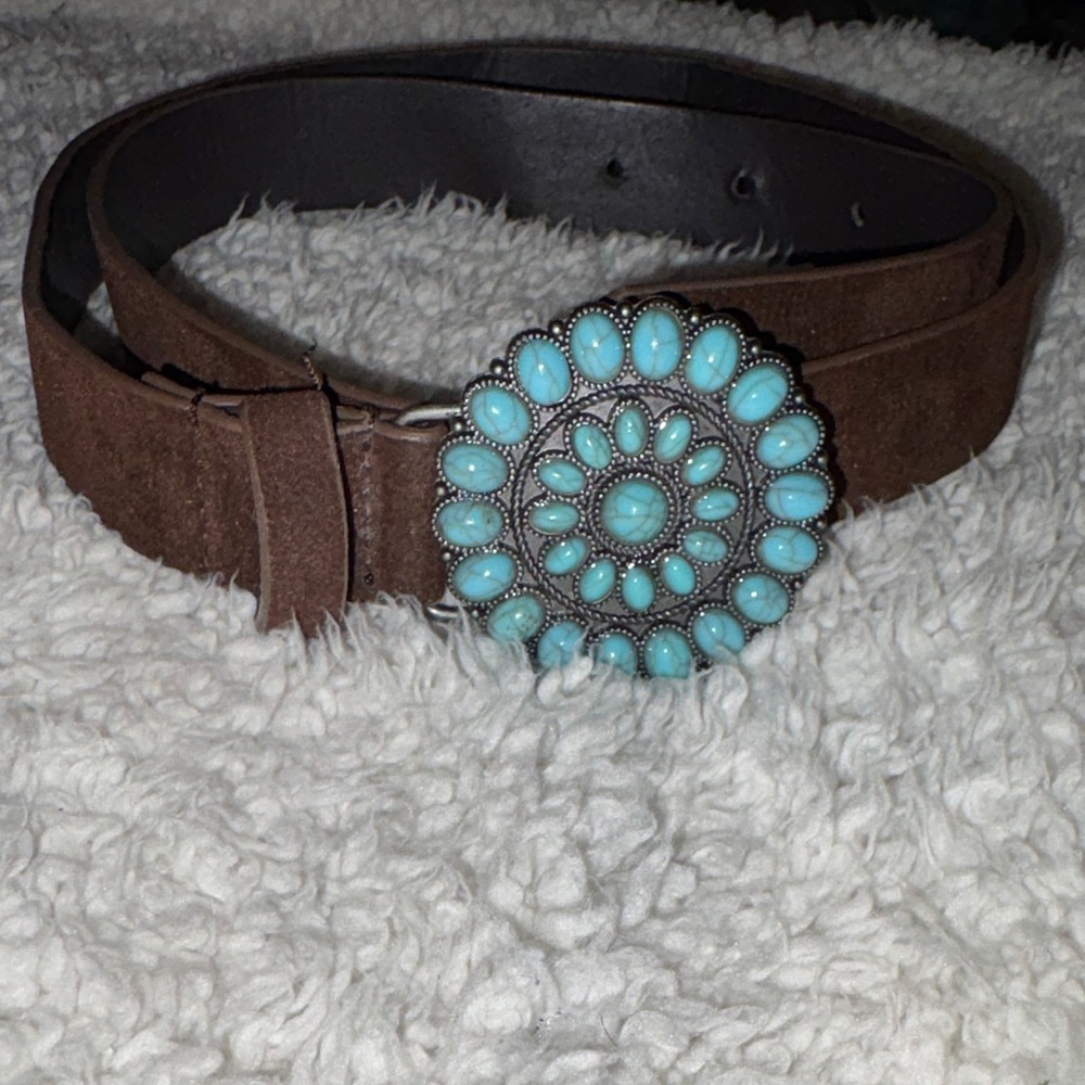 Brown Suede Belt with Turquoise Floral Buckle
